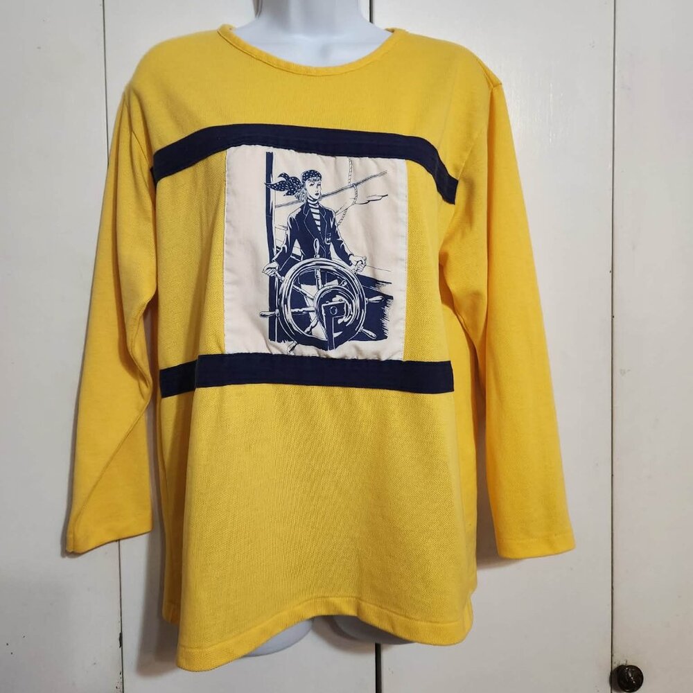 Vintage 80s D.K. Gold Sailor Girl Shirt M Yellow Nautical Maritime Graphic USA